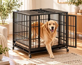 Heavy Duty Metal Dog Crate, 37 Inch, Lockable Wheels, Removable Tray (Indoor Outdoor)