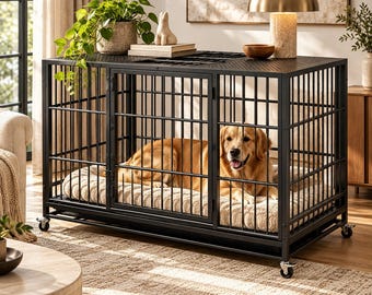 Heavy Duty Metal Dog Crate, 48 Inch, Lockable Wheels, Removable Tray
