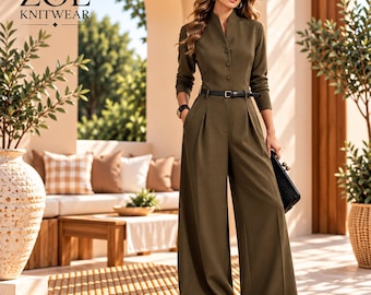Damen-Jumpsuit mit Knopfleiste vorne und weitem Bein, taillierter Einteiler
