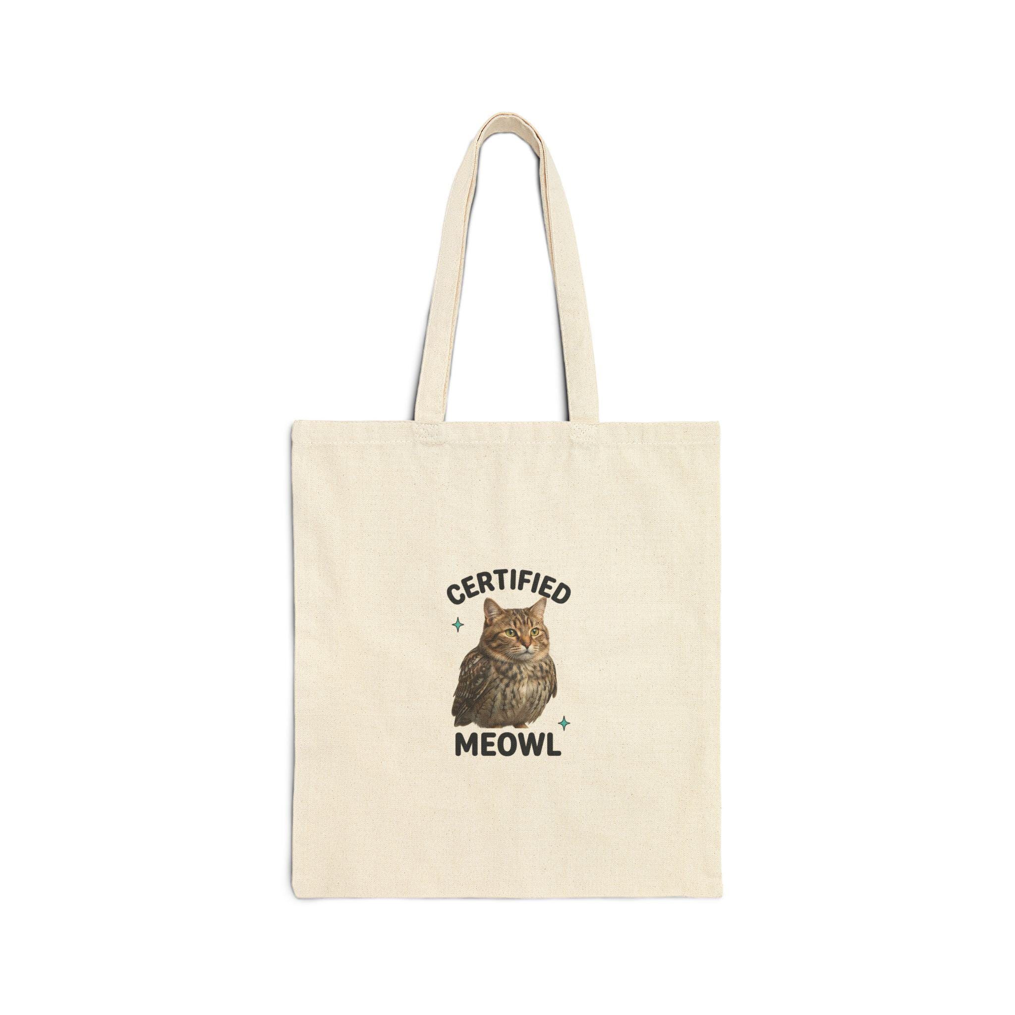Certified Meowl Cat Owl Tote Bag, Viral Meme Canvas Carryall
