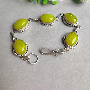 Natural Yellow Zard Agate 925 Brass Sterling Silver Bracelet , Vintage Handcrafted  Boho Jewelry, Gift For Unixe