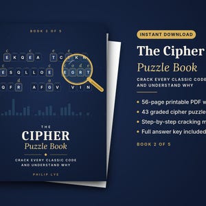 May include: A dark blue digital workbook titled The Cipher Puzzle Book, Book 2 of 5 by Philip Lye. The cover features white letter tiles, a magnifying glass, and a bar graph. Text includes: Crack every classic code and understand why.