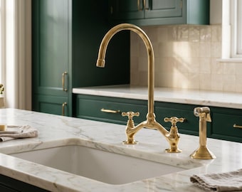 Unlacquered Brass Bridge Kitchen Faucet with Side Sprayer, Cross Handles