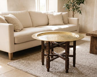 Moroccan Brass Tray Table, Hand Engraved Round Top with Folding Carved Wood Stand