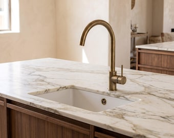 Antique Brass Kitchen Faucet, Single Hole Gooseneck Mixer with Side Lever