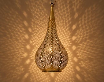 Moroccan Pendant Light, Gold Teardrop Hanging Lamp with Pierced Leaf Pattern