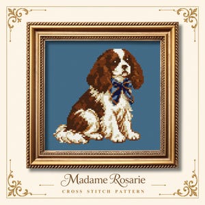 Pode incluir: Um padrão de ponto cruz apresentando um cão spaniel castanho e branco com um laço azul, sobre um fundo azul sólido dentro de uma moldura dourada. O texto abaixo diz Madame Rosarie CROSS STITCH PATTERN em fonte decorativa.