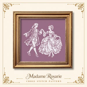 Pode incluir: Um padrão de ponto cruz com a silhueta branca de um casal dançando em trajes do século XVIII sobre um fundo roxo sólido, dentro de uma moldura dourada. O texto abaixo diz Madame Rosarie CROSS STITCH PATTERN.
