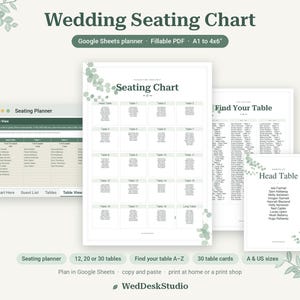 Puede incluir: Un conjunto de plantillas digitales para el plan de asientos de bodas que incluye un planificador de Google Sheets, PDF rellenable y varios diseños de tablas. Los documentos muestran texto como Wedding Seating Chart y Head Table con detalles de hojas de eucalipto.