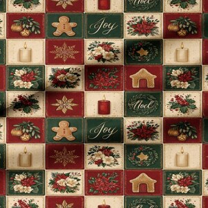 Gold Snowflake Fabric, Whimsical Christmas Joy Fabric by the 1/2 Yard, Retro Block Ginger Man Holiday Quilt Fabric