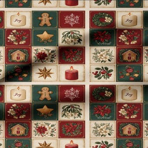 Christmas Block Fabric, Whimsical Holiday Cottage Fabric by the 1/2 Yard, Floral Gingerbread Men Fall Quilt Fabric