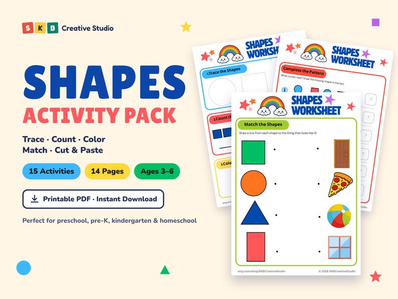 Shapes Worksheets Printable, Preschool Kindergarten Math, Shape Tracing ...