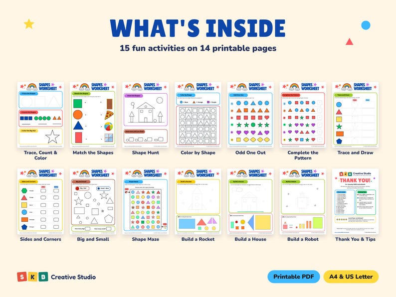 Shapes Worksheets Printable, Preschool Kindergarten Math, Shape Tracing ...