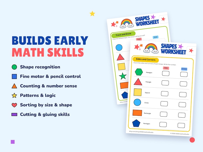 Shapes Worksheets Printable, Preschool Kindergarten Math, Shape Tracing ...