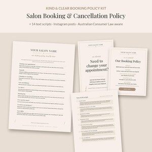 May include: A digital booking policy kit for salons featuring multiple printed documents with text including Kind & Clear Booking Policy Kit, Salon Booking & Cancellation Policy, and various text scripts for appointment management.