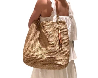 SALE Knitted Paper Yarn Bag Crochet Paper Rope Summer Casual Shoulder Handbag Handmade Knitted Lined Bag Crochet Bag Tan Color Bag Casual