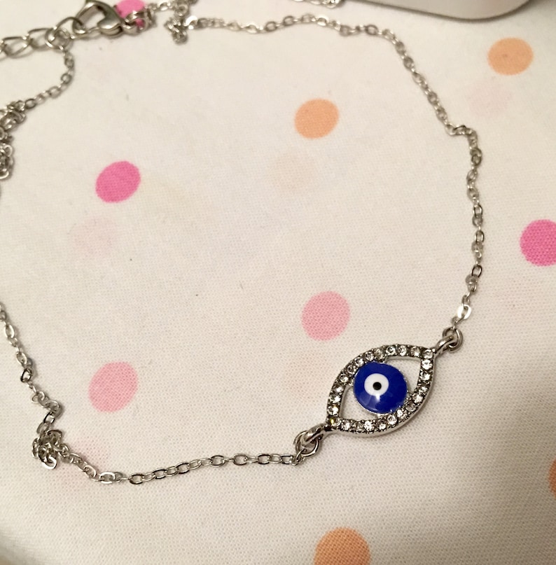 Evil Eye Rhinestone Bracelet, Silver Amulet, Rhinestone Blue Bracelet, Blue Evil Eye Charm, Good Luck Jewelry, Happy Valentines Day Gifts, image 8