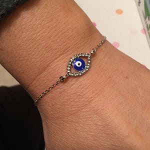 Evil Eye Rhinestone Bracelet, Silver Amulet, Rhinestone Blue Bracelet, Blue Evil Eye Charm, Good Luck Jewelry, Happy Valentines Day Gifts, image 7