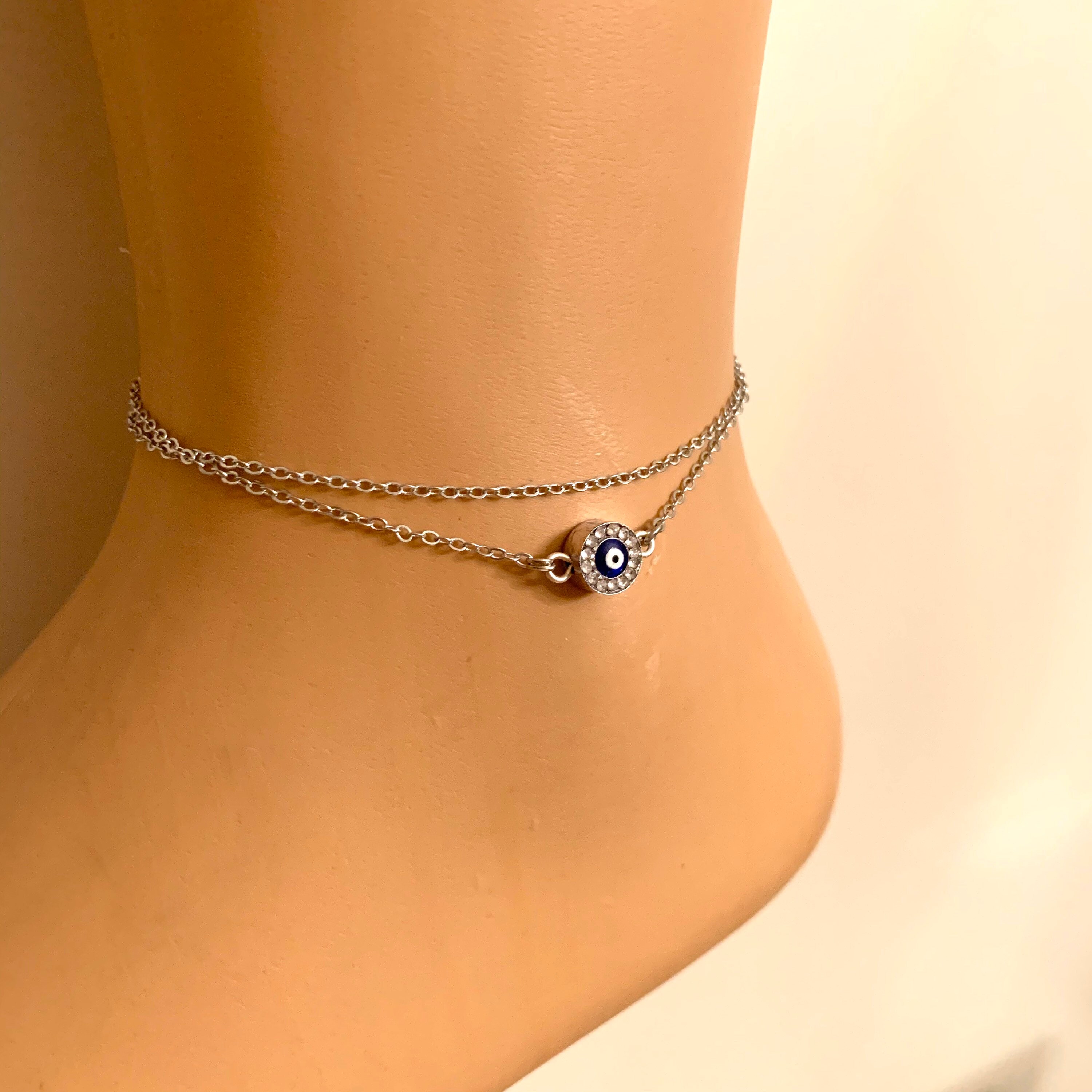 SilverPlated Evil Eye Anklet Rhinestone Charm Silver Anklet Etsy