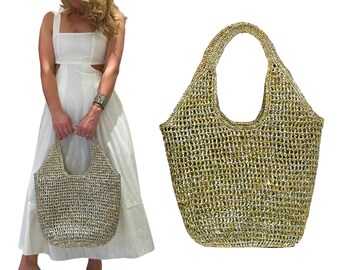 Glitter Gold Silver Knitted Mesg Bag Sparkly , Crochet Market Bag, Glitter Raffia Bag, Glossy Sparkling Beach Bag