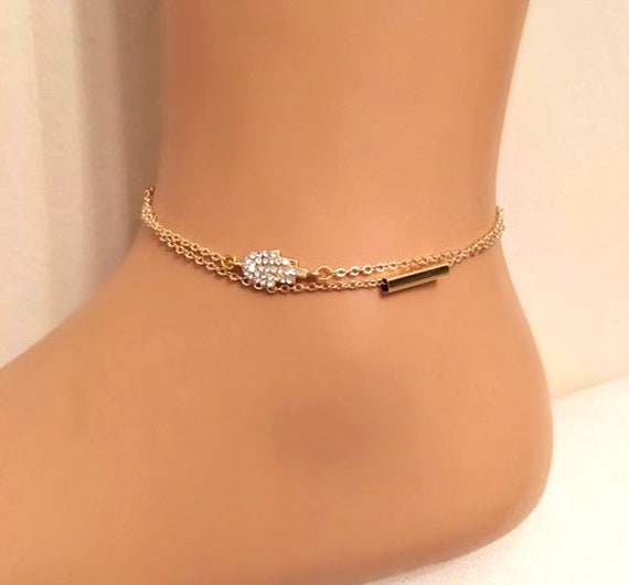 Gold Plated Sparkle Hamsa Hand Ankle Bracelet Gold Rhinestone Etsy