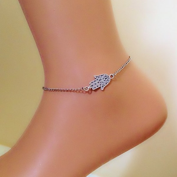 Antique Silver Hamsa Hand Anklet, Silver Anklet, Protection Pendant, Boho Bracelet, Gold Plated Hamsa Anklet, Gift for Her, Hamsa Jewelry