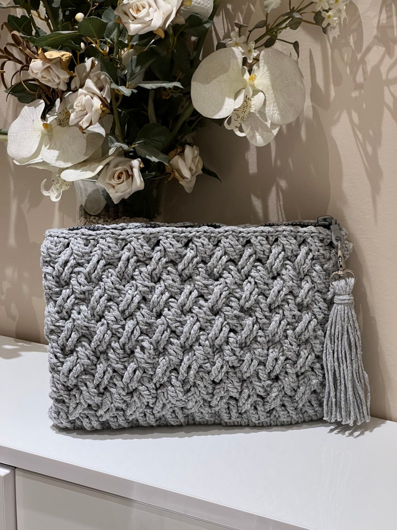 Pouch Clutch Bag Gray Cotton Macrome Yarn Crochet Etsy