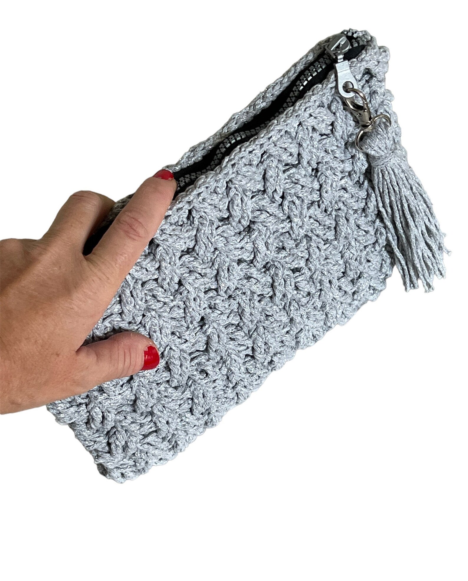 Pouch Clutch Bag Gray Cotton Macrome Yarn Crochet Etsy