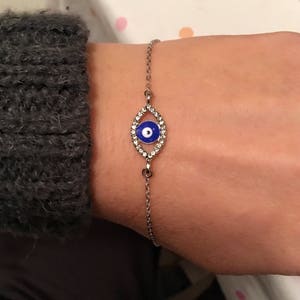 Evil Eye Rhinestone Bracelet, Silver Amulet, Rhinestone Blue Bracelet, Blue Evil Eye Charm, Good Luck Jewelry, Happy Valentines Day Gifts, image 4