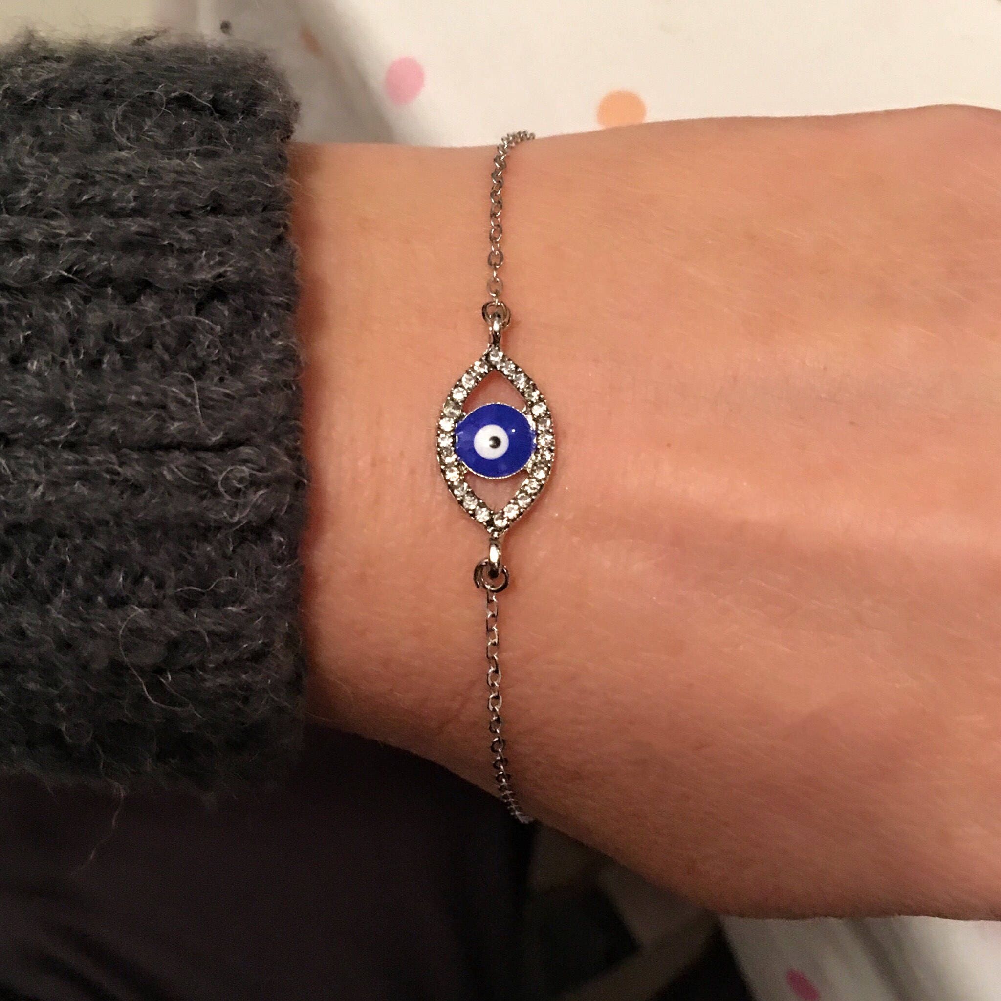 Evil Eye Rhinestone Bracelet Silver Amulet Rhinestone Blue Etsy