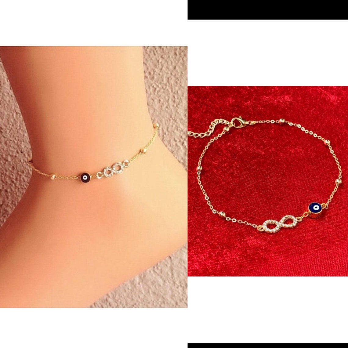 Infinity Evil Eye Charm Bracelet Anklet Gold Plated Evil Eye Etsy