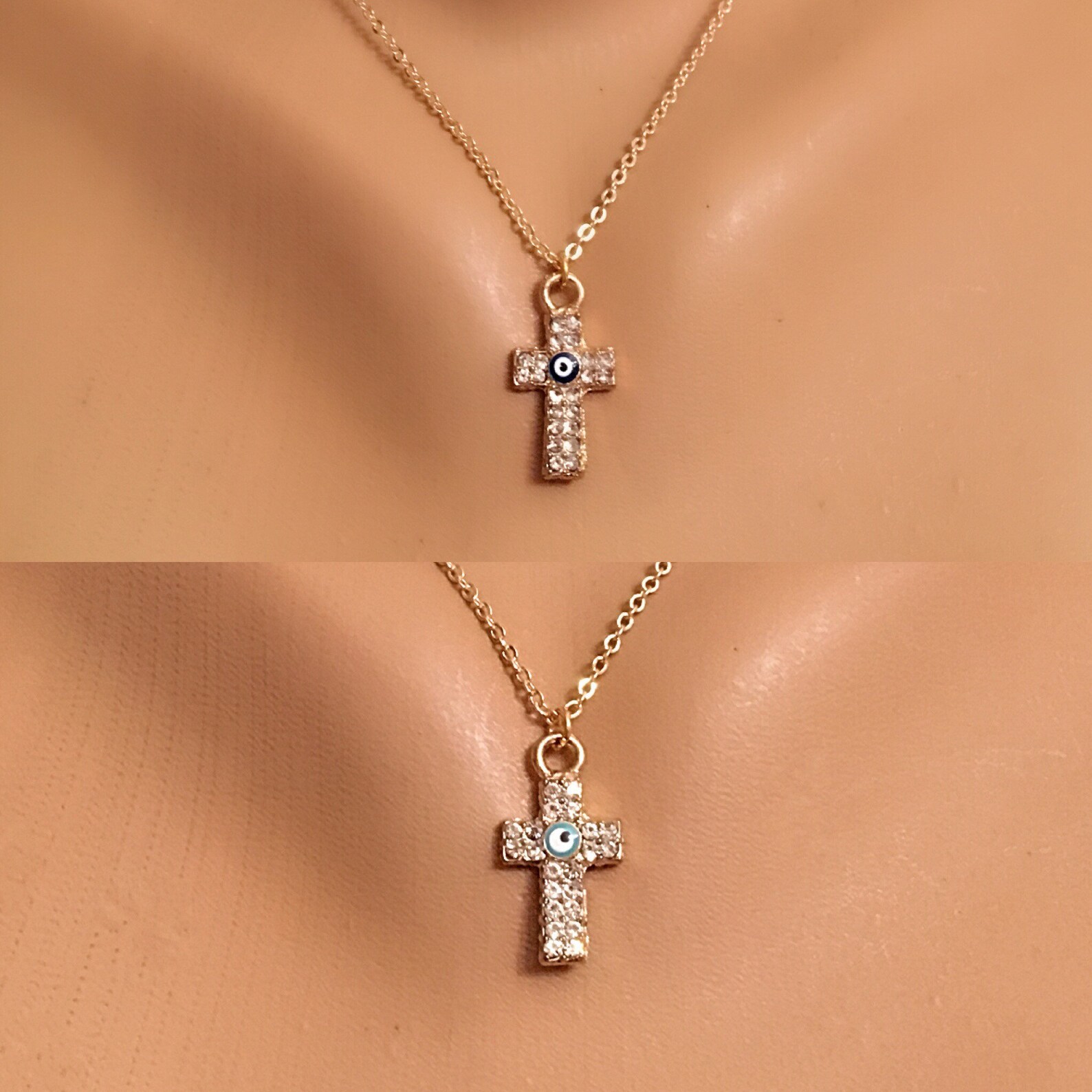 Sparkle Cross Gold Plated Evil Eye Cross Pendant Necklace Etsy