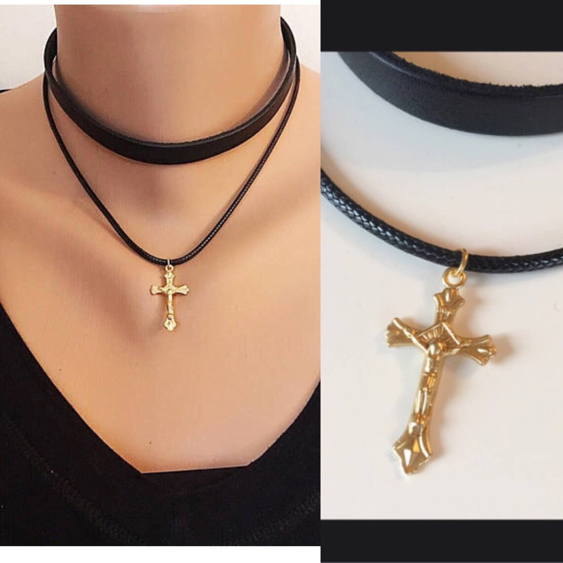 Gold Cross Choker Charm Leather Necklace Bohomian Choker Etsy