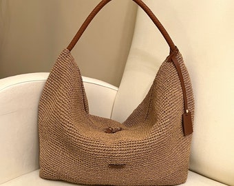 Knitted Paper Yarn Bag Crochet Paper Rope Summer Casual Shoulder Handbag Handmade Knitted Lined Bag Crochet Bag Tan Color Bag Casual