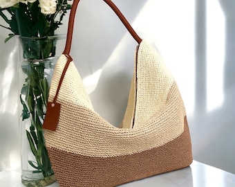 Knitted Paper Yarn Bag Crochet Paper Rope Summer Casual Shoulder Handbag Handmade Knitted Lined Bag Crochet Bag Tan Color Bag Casual