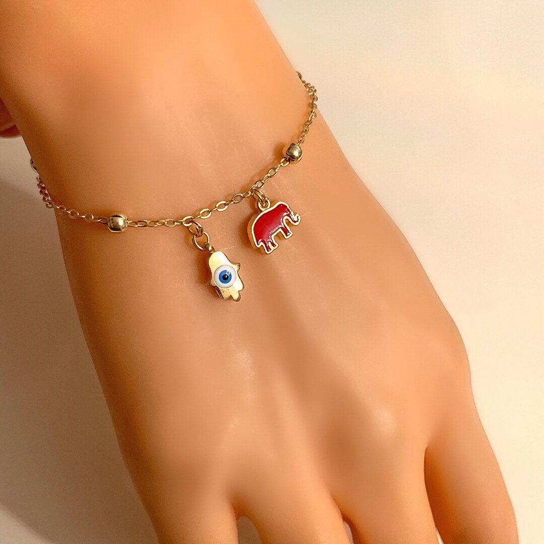 Gold Plated Hamsaevil Eye Elephant Bracelet Cute Gold Evil Etsy