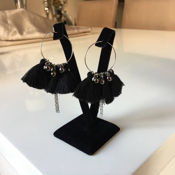 Black hoop tassel earrings discount