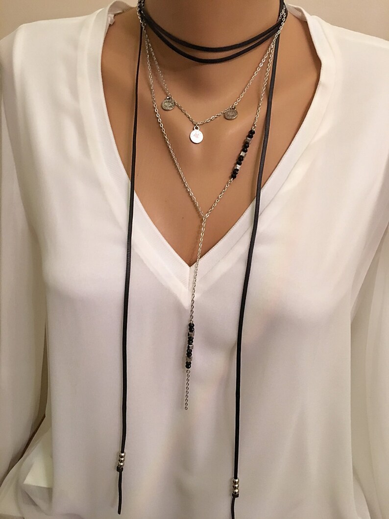 Black Leather Multi Strand Necklace Leather Coin Necklace Set Etsy