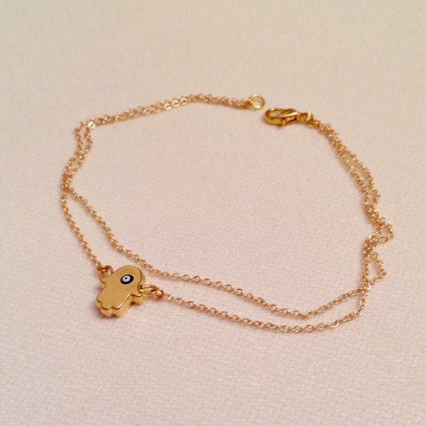 Evil Eye Hamsa Gold Plated Anklet, Evil Eye Hamsa Hand, Fatma's Hand, Good Luck Jewelry, Foot Bracelet, Gift For Her, Amulet Charm for Her,