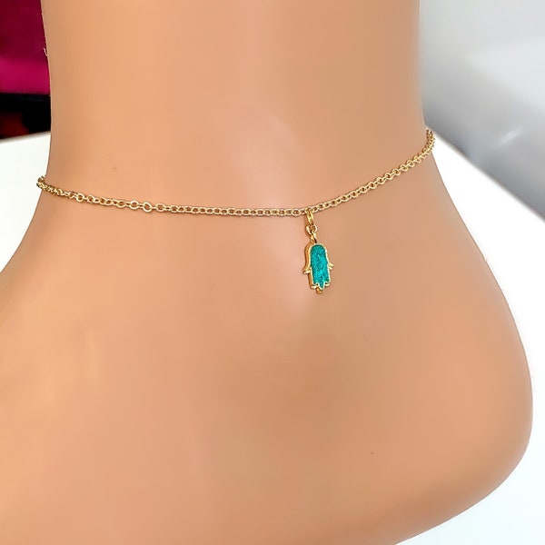 Tiny Hamsa Gold Plated Anklet, Emerald Green Charm Hamsa Hand Bracelet, Fatma's Hand Charm Foot Jewelry, Protection Hamsa Jewelry,