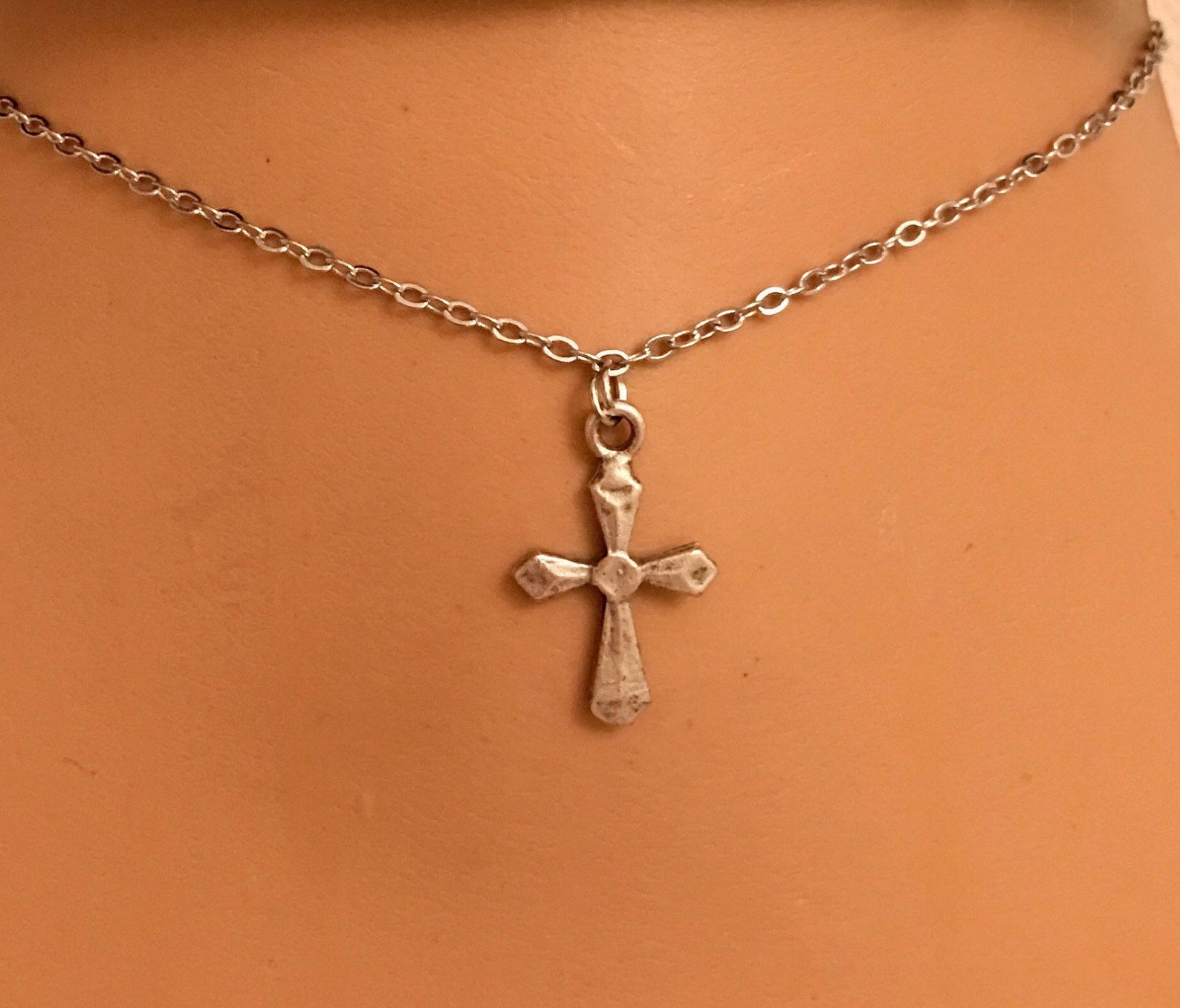 Cross Charm Necklace Silver Plated Christian Catholic Etsy