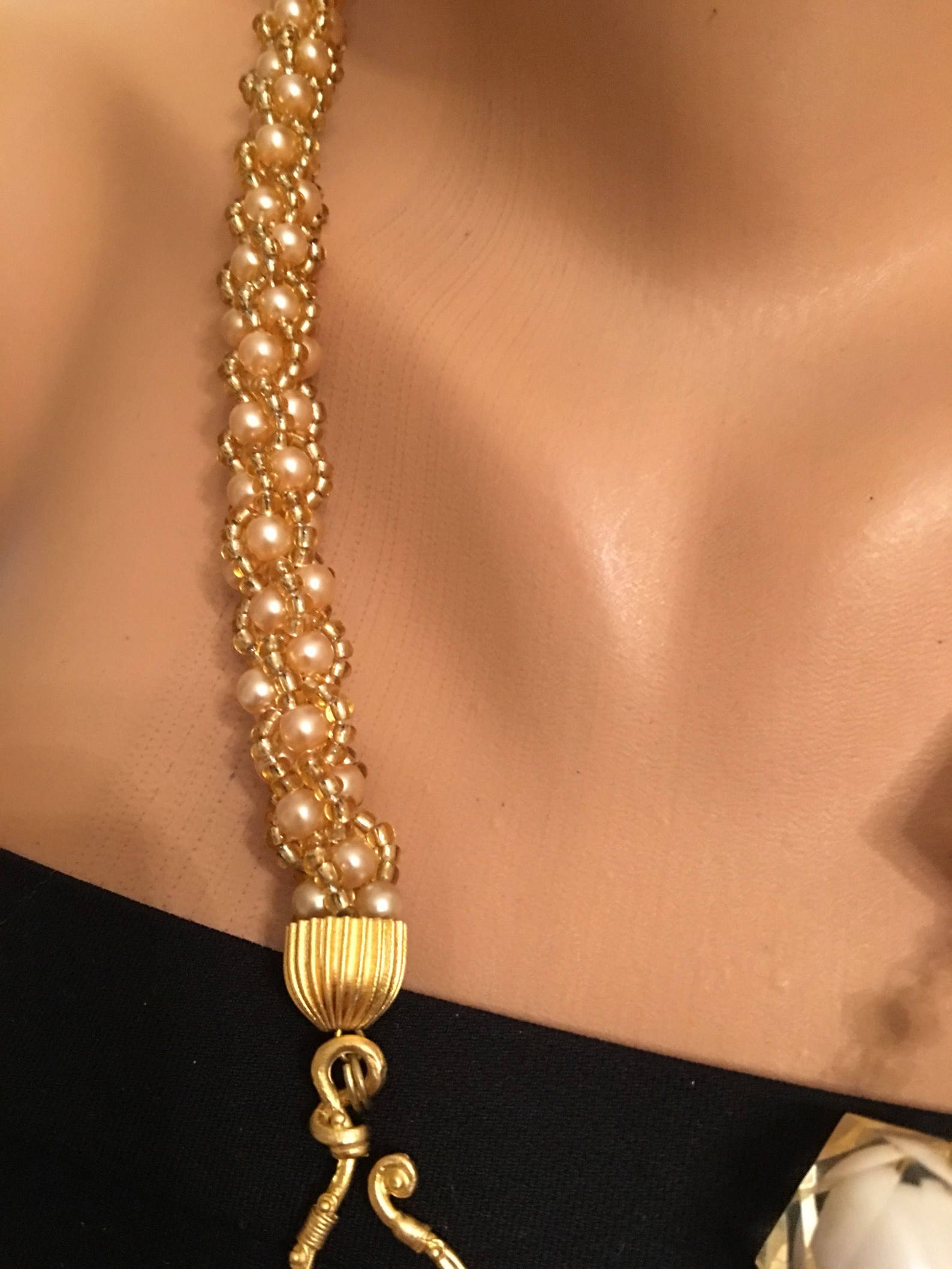 50% Sale, Handmade Gold Pearl Necklace, Beadwoven Pearl Classy Long ...