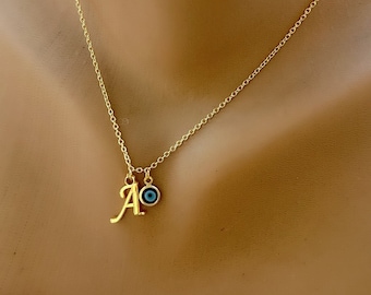 Initial A Necklace, Personalized Evil Eye Pendant Gold Necklace, A Charm Necklace, Gold Plated A Letter Necklace, Evil Eye Gold Necklace