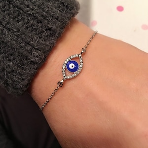 Evil Eye Strass Armband, Zilveren Amulet, Strass Blauwe Armband, Blue Evil Eye Charm, Good Luck Sieraden, Happy Valentines Day Gifts, afbeelding 1