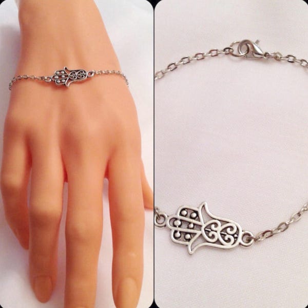 Silver Hamsa Hand Bracelet, Silver Bracelet, Protection Pendant, Dainty jewelry, Gift for Her, Fashion Jewelry, Silver Khamsa Charm, Tiny