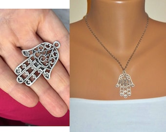 Silver Hamsa Pendant Necklace, Hamsa Hand Jewelry, Fatmas Hand, Bohomian Style Necklace, Boho Jewelry, Gift for Her, Good Luck Jewelry, Gift