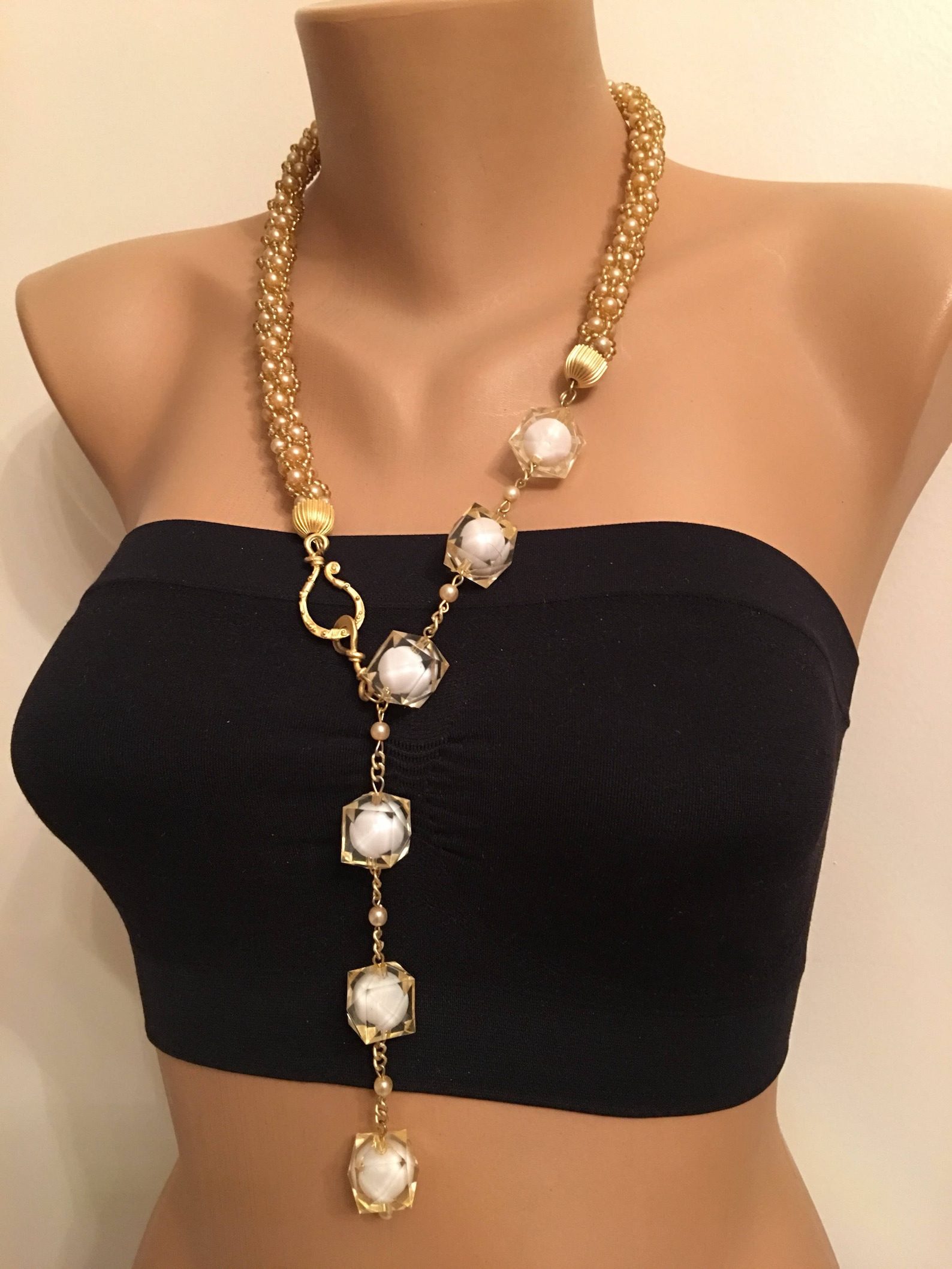 50% Sale, Handmade Gold Pearl Necklace, Beadwoven Pearl Classy Long ...
