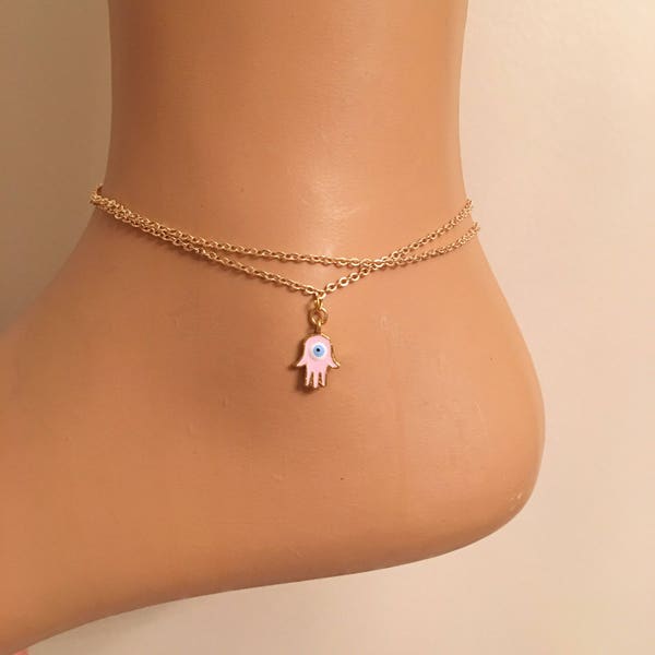 Pink Evil Eye Jewelry, Pink Hamsa Gold Plated Anklet, Evil Eye Hamsa Hand, Fatma's Hand, Good Luck Jewelry, Foot Bracelet, Gift For Her