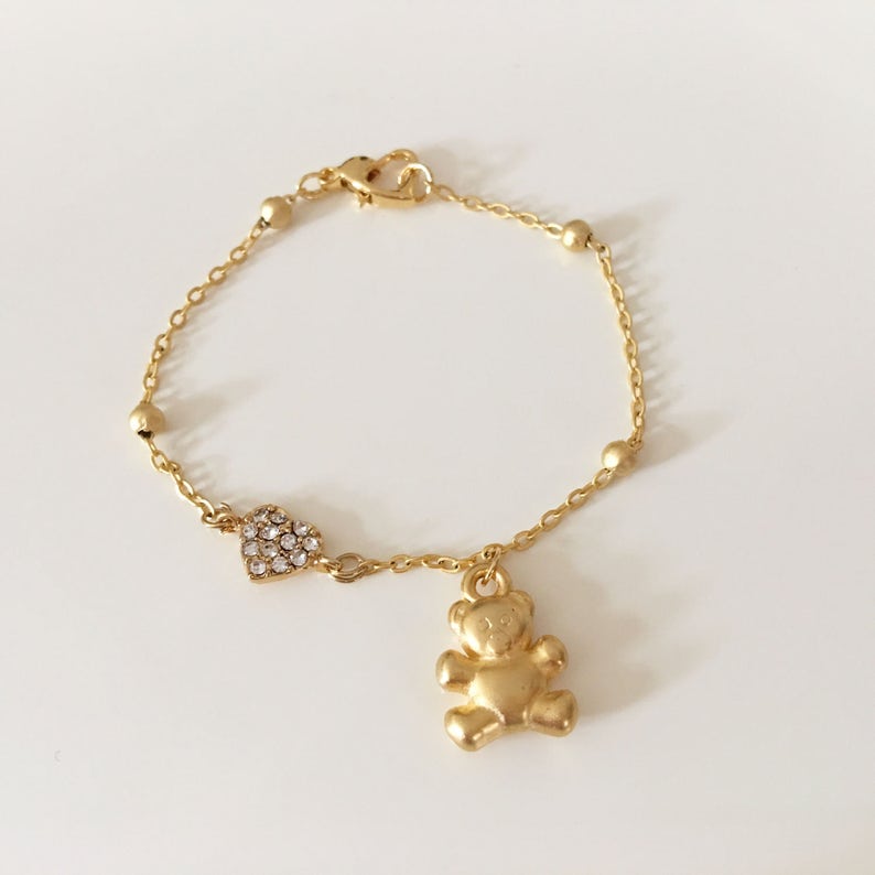 Gold Plated Bear Charm Bracelet Heart Ankle Bracelet Kids Etsy