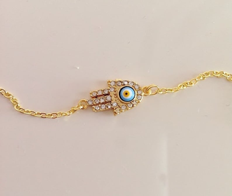 Fatma/'s Hand Gold Plated Ankle Tiny Evil Eye Gold Plated Hamsa Hand Bracelet Hamsa Charm Baby Girl Toddler Child Gold Rhinestone Chamsa
